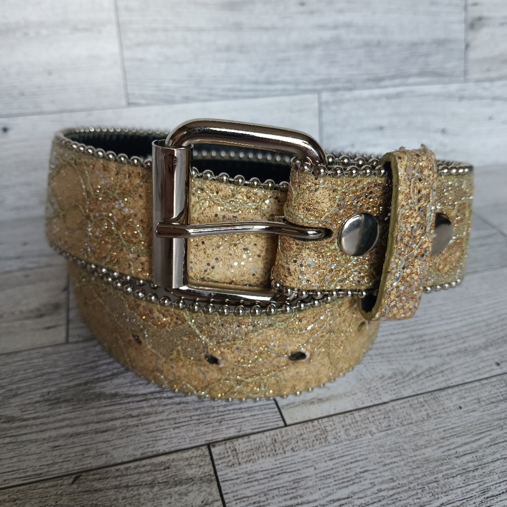 Tilt Womens Vintage Y2k Glitter Shimmer Belt Gold Silver Floral Lace Stud Trim S